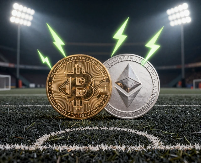 Leuchtende Bitcoin- und Ethereum-M&uuml;nzen mit Lime-Blitzen auf Fu&szlig;ballrasen-Textur als Symbol f&uuml;r sofortige Krypto-Einzahlungen bei Golazzo