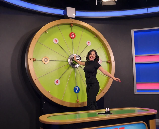 Live-Dealer Game Show Studio mit lime Gl&uuml;cksrad und Moderator im Golazzo Live Casino online