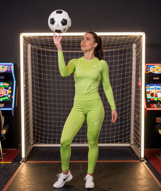 Selbstbewusste Frau im lime Sportoutfit balanciert einen Fu&szlig;ball auf dem Finger vor Casino-Lichtern und Tornetz bei den Golazzo Casino-Spielen