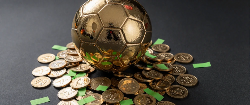Goldener Fu&szlig;ballpokal voller M&uuml;nzen und limefarbenem Konfetti als Symbol f&uuml;r das Golazzo Casino Willkommenspaket