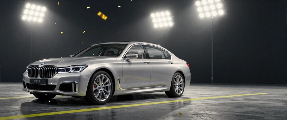 Silberner BMW unter Stadion-Flutlicht mit goldenem Konfetti als Preis der Golazzo Casino Verlosung