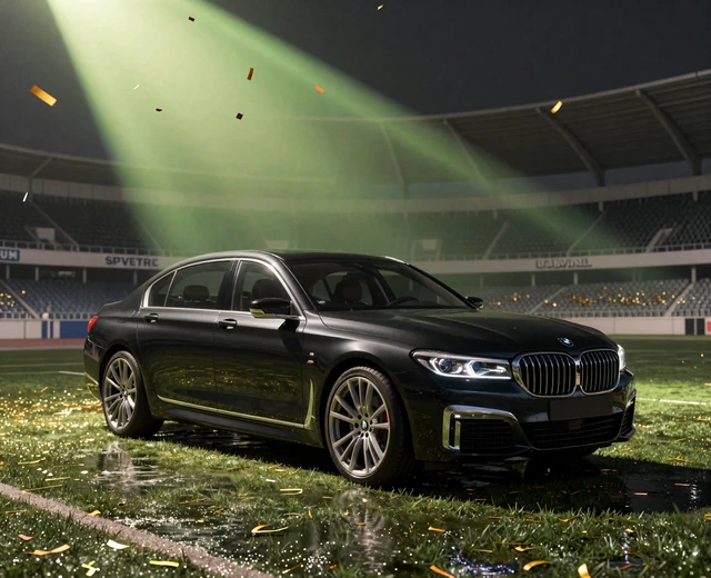 Schwarzer BMW 7er auf einem beleuchteten Stadionrasen mit Konfetti als Golazzo Verlosungspreis