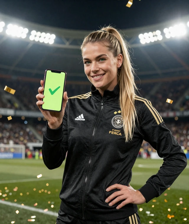 Selbstbewusste Frau im sportlichen Look zeigt eine best&auml;tigte Zahlung auf dem Smartphone im Golazzo Casino Stadion mit Flutlicht