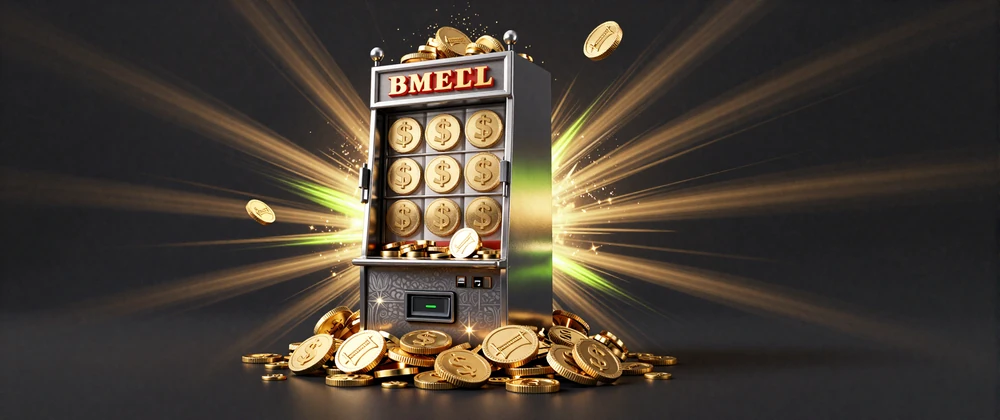 Explosion goldener M&uuml;nzen aus einem Spielautomaten mit lime Lichtstrahlen im Golazzo Jackpot Casino