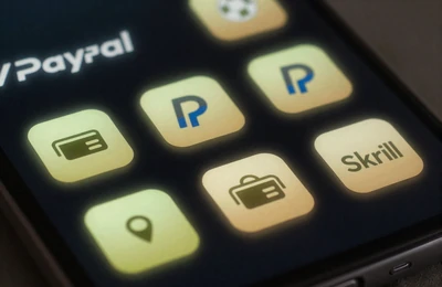 Leuchtende E-Wallet Icons wie PayPal und Skrill als Symbol f&uuml;r Online Casino PayPal Zahlungen bei Golazzo